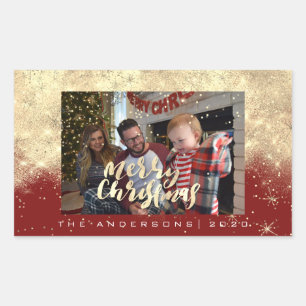 Merry Christmas Gold Red Stars Spark Photo Name Rectangular Sticker