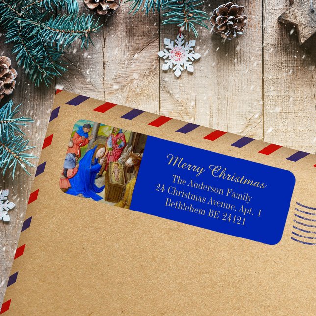 Merry Christmas Gold Religious Christian Mediaeval (Merry Christmas Gold Blue Religious Christian Catholic Medieval Holiday Return Address Label)