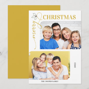 Merry Christmas Gold Script 2 Photos Holiday Card