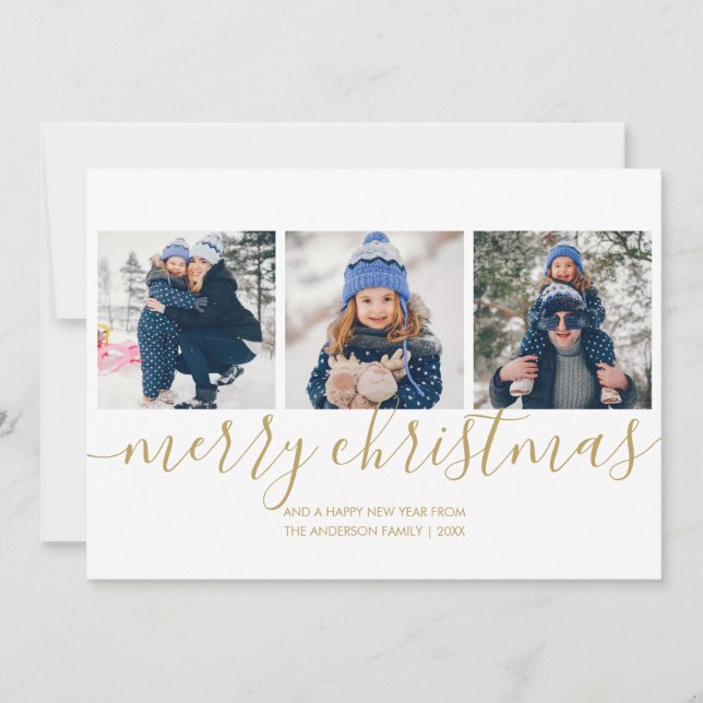 Merry Christmas Gold Script 3 Photo Holiday Card (Front)