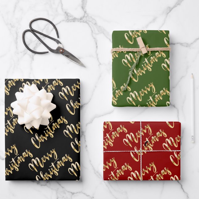 Merry Christmas gold script black green red Wrapping Paper Sheet (Front)