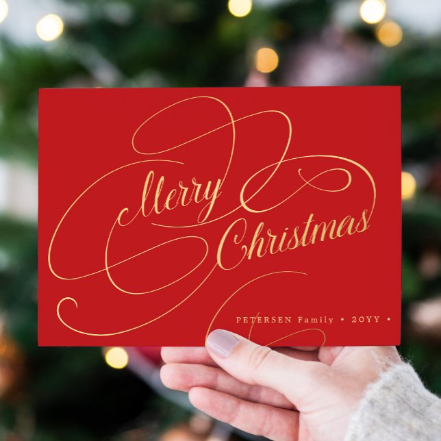 Merry Christmas gold script classic red  Holiday Card (Creator Uploaded)