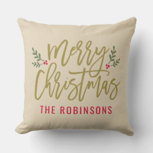 Merry Christmas Gold Script Family Name Beige Cushion