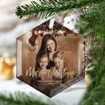 Merry Christmas Gold Script Family Photo Glass Tree Decoration<br><div class="desc">Spread holiday cheer to friends and family with this modern keepsake ornament. The gold faux foil text reads "Merry Christmas" in elegant handwriting script. Replace the sample image with your favourite photo,  and add your family name and the year. A black gradient filter helps make the text pop.</div>