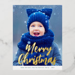 merry christmas gold script modern christmas card<br><div class="desc">simple merry christmas holiday real gold foil card with a customised image. Feel free to personalise the holiday image photo and text.</div>