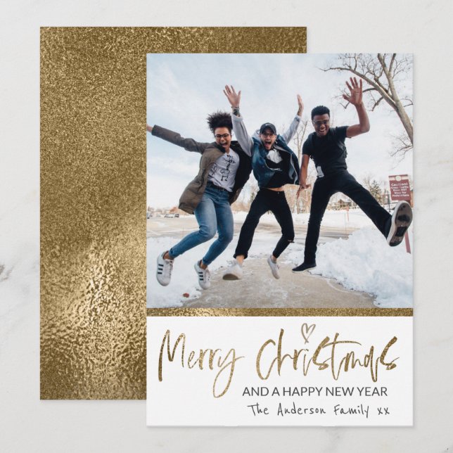 Merry Christmas Gold Script Photo Collage White  Holiday Card (Front/Back)