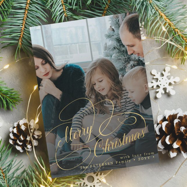 Merry Christmas gold script photo overlay Holiday Card (Creator Uploaded)