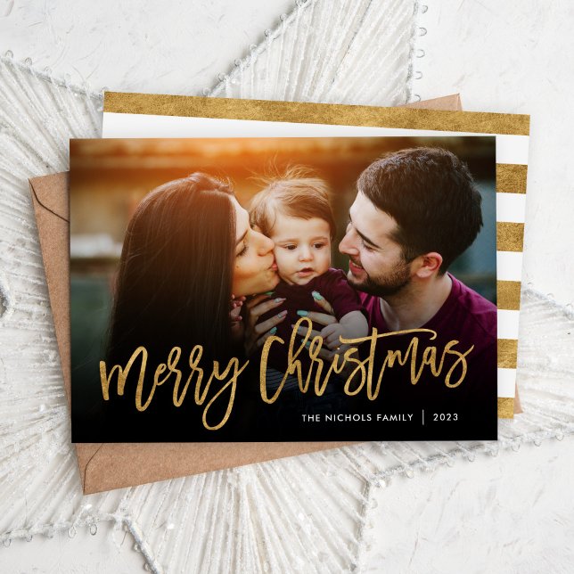 Merry Christmas Gold Script Photo Overlay Holiday Card (Creator Uploaded)