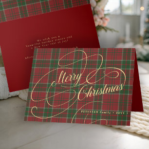 Merry Christmas gold script plaid non-photo Holiday Card