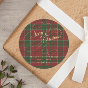 Merry Christmas gold script plaid personalized Classic Round Sticker