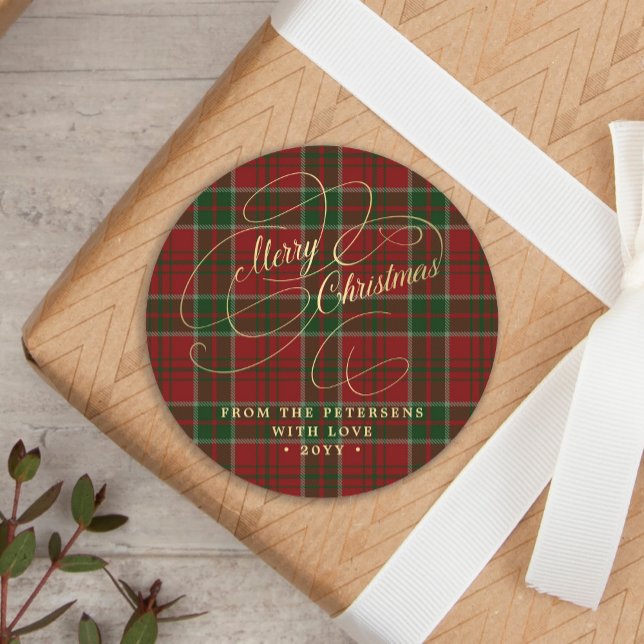 Merry Christmas gold script red green plaid tartan Classic Round Sticker (Creator Uploaded)