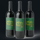 Merry Christmas Gold Script Red Holly Wine Label<br><div class="desc">Design features Merry Christmas in Gold calligraphy script with red holly accent against a Christmas green bacground.  Easily customise name and date.  Great gift idea for the Christmas holiday season.</div>