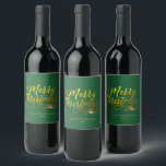 Merry Christmas Gold Script Red Holly Wine Label<br><div class="desc">Design features Merry Christmas in Gold calligraphy script with red holly accent against a Christmas green bacground.  Easily customise name and date.  Great gift idea for the Christmas holiday season.</div>