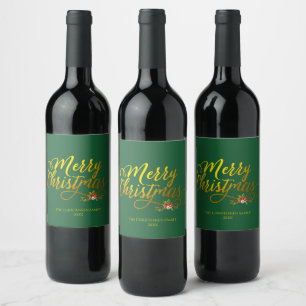 Merry Christmas Gold Script Red Holly Wine Label