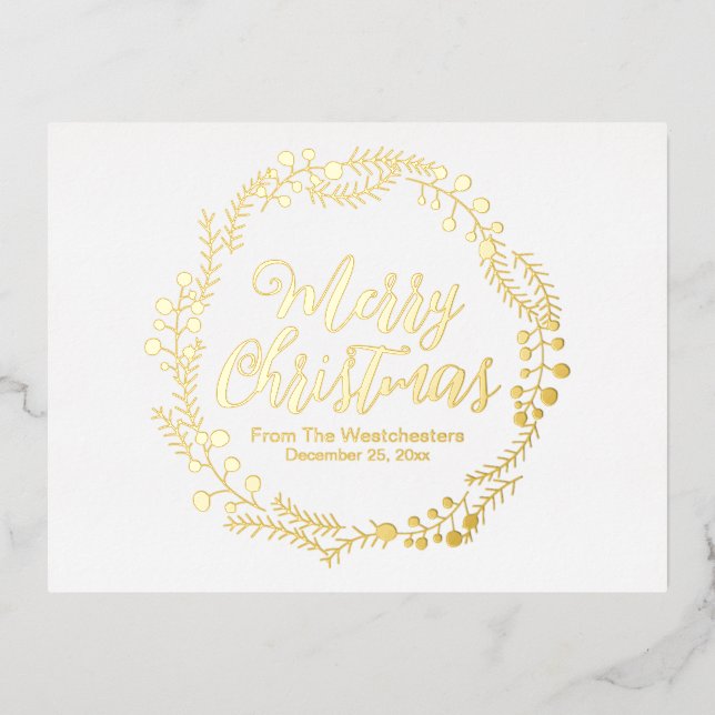 Merry Christmas gold script rustic wreath card (Front)