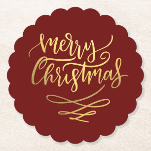 Merry Christmas Gold Script Typography  Paper Coaster