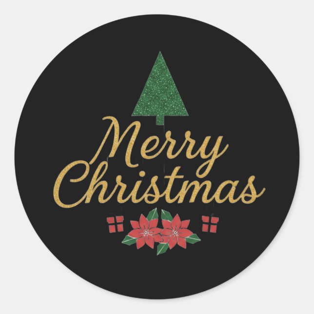 Merry Christmas Gold Script with Poinsettia & Tree Classic Round Sticker (Front)