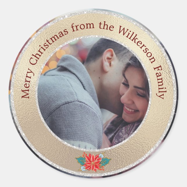 Merry Christmas Gold & Silver Custom Photo Classic Round Sticker (Front)