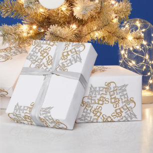 Merry Christmas Gold & Silver Star, Large White  Wrapping Paper