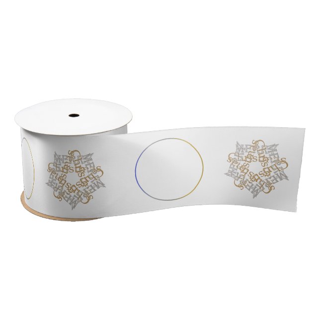 Merry Christmas Gold & Silver Star & Round Logo Satin Ribbon (Spool)