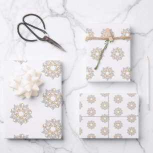 Merry Christmas Gold & Silver Star, White Wrapping Paper Sheet