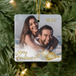 Merry Christmas Gold Snowflake Personalised Ceramic Ornament<br><div class="desc">Pretty gold frame with snowflakes surrounding your favourite photo ornament.  Merry Christmas in faux gold script & year in matching colour.  Add your favourite photo to create this lovely keepsake ornament.</div>