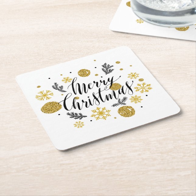Merry Christmas Gold Snowflakes Holiday Square Paper Coaster (Angled)