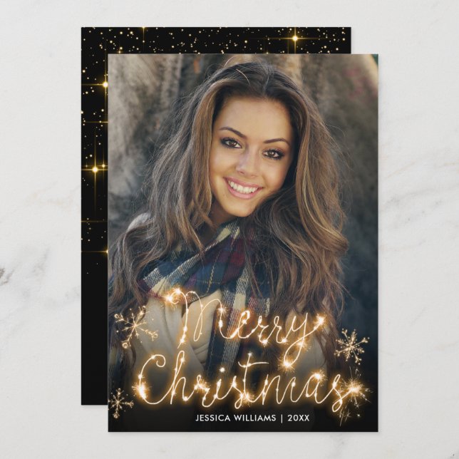 Merry Christmas Gold Sparkle Script PHOTO Greeting Holiday Card (Front/Back)