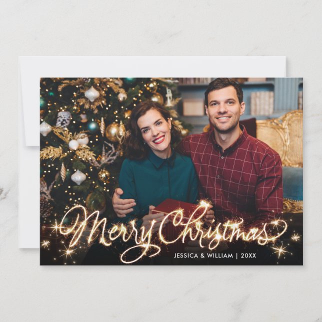 Merry Christmas Gold Sparkle Script PHOTO Greeting Holiday Card (Front)