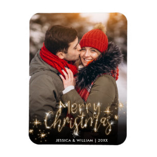Merry Christmas Gold Sparkle Script PHOTO Greeting Magnet