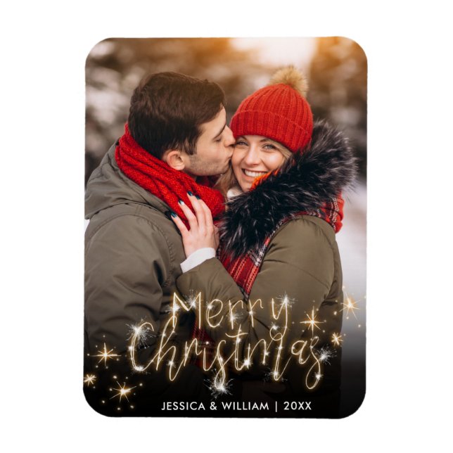 Merry Christmas Gold Sparkle Script PHOTO Greeting Magnet (Vertical)