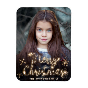 Merry Christmas Gold Sparkle Script PHOTO Greeting Magnet