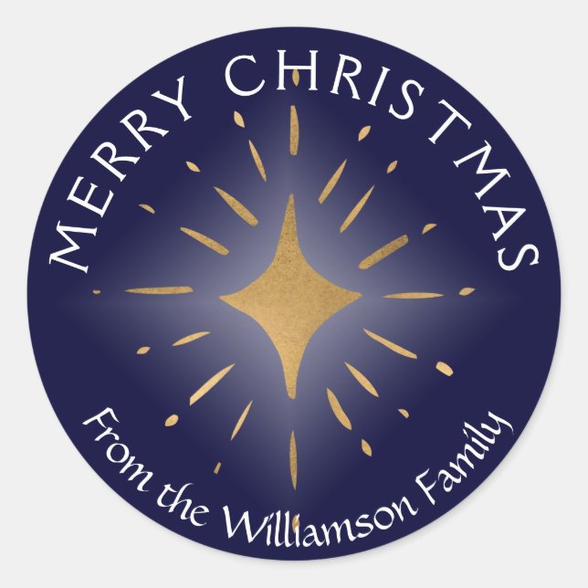 Merry Christmas Gold Star Navy Blue Classic Round Sticker (Front)