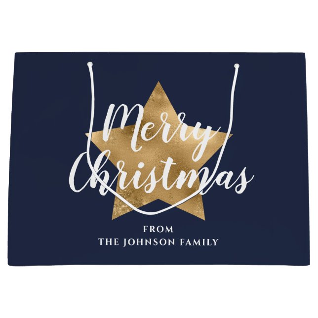 Merry Christmas Gold Star Navy Blue Large Gift Bag (Front)