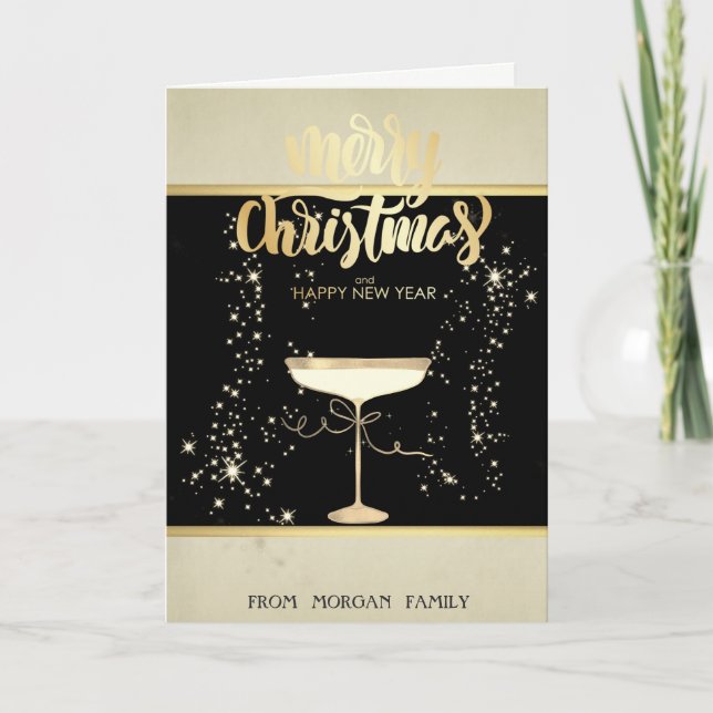 Merry Christmas,Gold Stars Champagne Glass Holiday Card (Front)