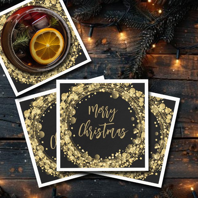 Merry Christmas Gold Stars Napkin (Merry Christmas Gold Stars on Black Napkins)