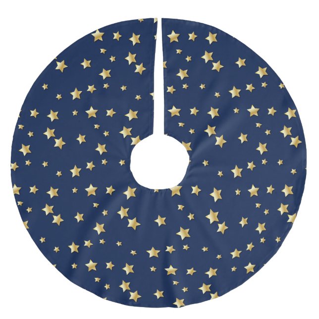 Merry Christmas Gold Stars On Dark Blue Background Brushed Polyester Tree Skirt (Front)