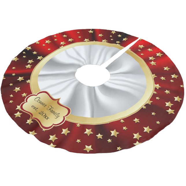 Merry Christmas Gold Stars Red & White Background Brushed Polyester Tree Skirt (Angled)