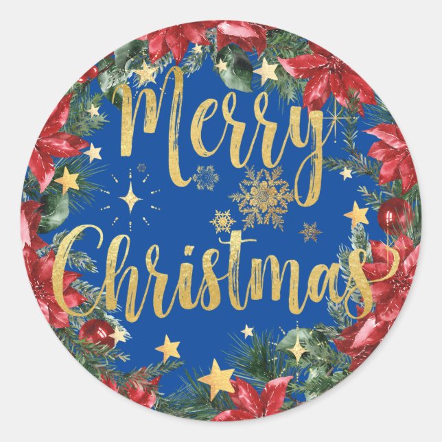 Merry Christmas Gold Stars Snowflakes Poinsettias Classic Round Sticker (Front)