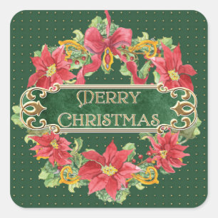 Merry Christmas Gold Swirl Poinsettia Wreath Jewel Square Sticker