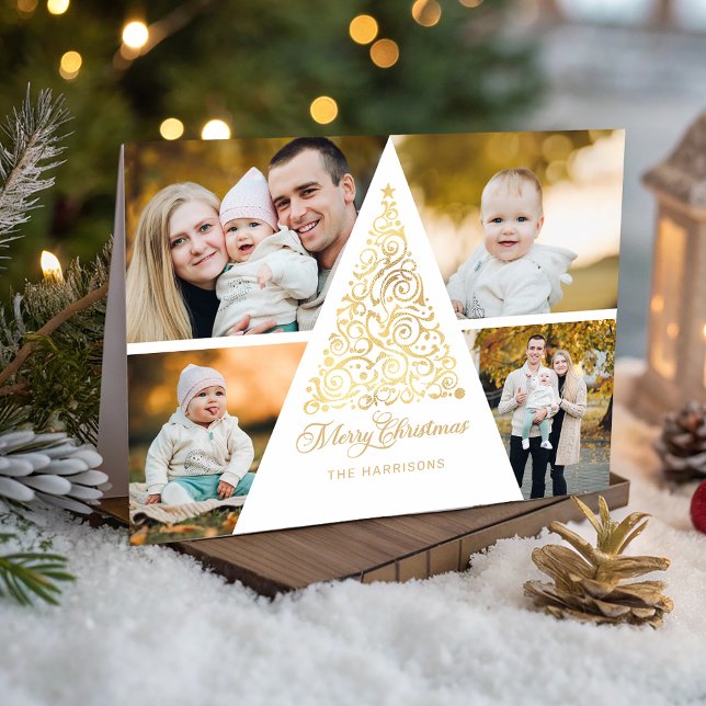 Merry Christmas Gold Swirl Tree 4 Photo Collage Holiday Card (Creator Uploaded)