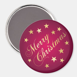 Merry Christmas Gold Tones Stars Burgundy Cheerful Magnet
