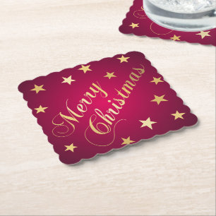 Merry Christmas Gold Tones Stars Burgundy Elegant Paper Coaster