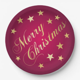 Merry Christmas Gold Tones Stars Burgundy Elegant Paper Plate