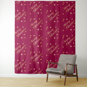 Merry Christmas Gold Tones Stars Burgundy Elegant Tapestry