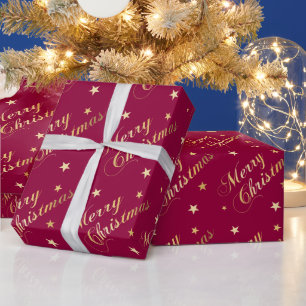 Merry Christmas Gold Tones Stars Elegant Burgundy Wrapping Paper