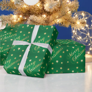 Merry Christmas Gold Tones Stars Green Elegant Wrapping Paper