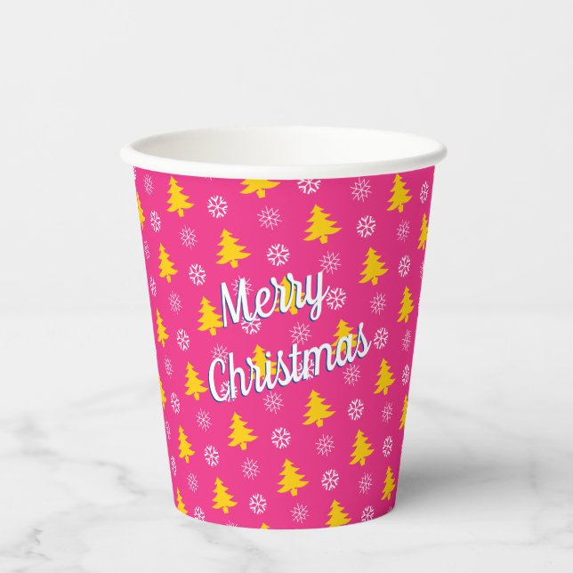 Merry Christmas, Gold Trees & Snow Flakes Paper Cups (Front)