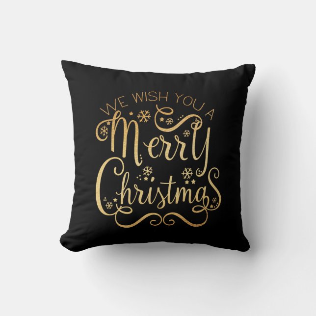 Merry Christmas Gold Typography Black Chic Cushion (Front)