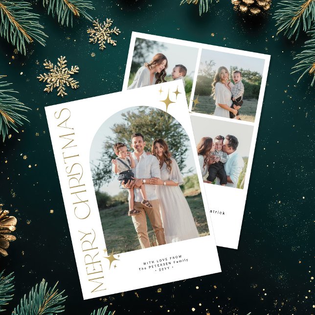 Merry Christmas gold typography modern arch photo Holiday Card (Creator Uploaded)